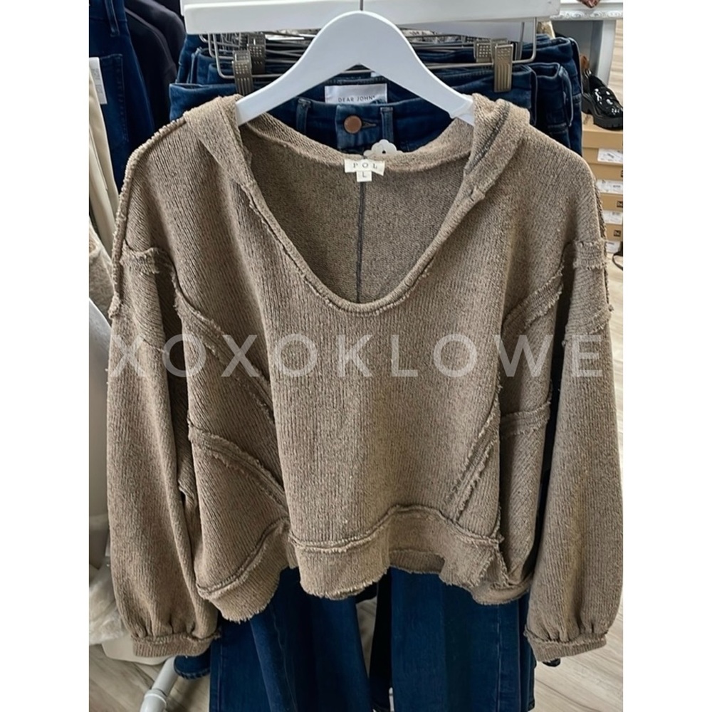 POL Coco Brown Lightweight Knit V Neck Hoodie Top Oversized